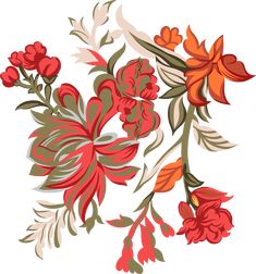 red flowers with green leaves and stems on a white background in the style of art nouveauism