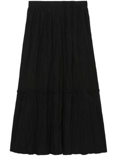 black crinkled finish ruffled detailing elasticated waistband tiered skirt A-line straight hem mid-length Community Projects, Midi Skirt Black, Tiered Midi Skirt, Yoko London, City Dress, Airport Fashion, Black Midi Skirt, Summer Beach Wear, Tier Skirt