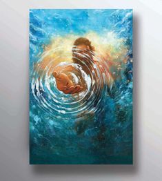 a painting of a woman holding a baby in her arms with water swirling around her