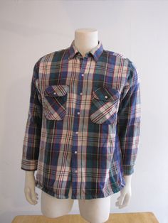 Vintage Five Brother Western Heavy Flannel Jacket/Shirt with Pearl Button Snaps - No Side Pockets Plaid Long Sleeve Flannel Shirt With Button Closure, Button-up Flannel Shirt For Work, Collared Flannel Shirt With Button Closure For Work, Plaid Shirt With Snap Buttons And Long Sleeves, Plaid Shirt With Snap Buttons, Plaid Long Sleeve Shirt With Snap Buttons, Casual Collared Flannel Shirt With Button Cuffs, Casual Flannel Shirt With Snap Buttons For Work, Button-up Flannel Shirt With Pockets