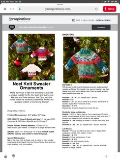 two knit sweaters hanging from a christmas tree with ornaments on the top and bottom