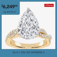 a pear shaped diamond ring with diamonds on the sides and an ad for jcheney