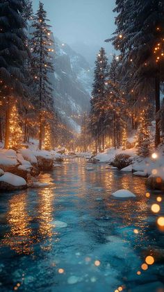 a river surrounded by snow covered trees with lights in the middle and water running through it