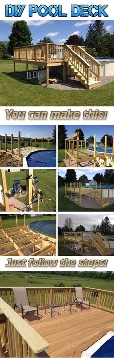 the instructions for how to build a pool deck with steps and benches on it, including an above ground swimming pool