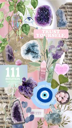 a collage with flowers, plants and other things in it's center is surrounded by words that read trust yourself