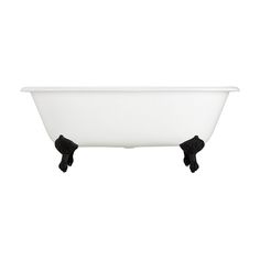 a white bath tub with black feet and handles