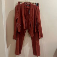 Beautiful Burnt Orange/Red Clay Color Ny&Co 7th Avenue Design Studio Pant Is Modern Fit Straight Leg Jacket Is Size L **Pieces Are Also Listed Separately In My Closet!!** Fitted Pant Set With Pockets For Work, Fall Workwear Pant Set With Long Sleeves, Long Sleeve Pant Set For Workwear In Fall, Long Sleeve Pant Set For Work, Stretch Pant Set For Workwear, Fitted Pant Set For Workwear, Grey Pinstripe Suit, Avenue Design, Clay Color