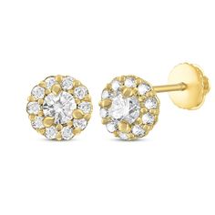 These shimmering stud earrings will make your little cutie feel so grown up. Crafted in 14K yellow gold On each, a bright round-cut cubic zirconia is haloed by smaller cubic zirconia stones The earrings secure with screw backs 14k Yellow Gold Round Cluster Earrings, Yellow Gold Cluster Earrings With Diamond Accents, Dazzling Gold Diamond Earrings With Halo, Gold Cubic Zirconia Halo Diamond Earrings, Yellow Gold Halo Earrings With Cubic Zirconia, Gold Cubic Zirconia Cluster Earrings, Round Cut, Gold Round Cut Cubic Zirconia Cluster Earrings, Gold Diamond Earrings With Halo Design, Yellow Gold Round Earrings With Halo Setting