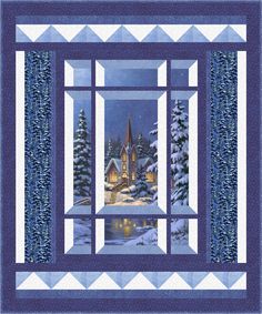 a quilted christmas scene with a church in the distance and snow on the ground