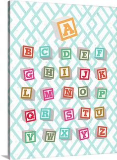 colorful blocks spelling abc and q on a white background with diagonals in different colors