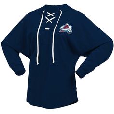 The Women's Fanatics Branded Navy Colorado Avalanche Jersey Lace-Up V-Neck Long Sleeve Hoodie T-Shirt is the perfect way to show your support for the Colorado Avalanche. This stylish and comfortable hoodie features a lace-up V-neck, dropped shoulders, and a rounded droptail hem. The low-puff screen print graphics proudly display the Colorado Avalanche logo, making it a must-have for any fan. Whether you're cheering on the Avalanche at the game or just showing your support around town, this hoodi Fan Merchandise Drawstring Hood Top, Winter Fan Merchandise Tops With Team Logo, Winter Fan Merchandise Top With Team Logo, Sporty Tops With Drawstring Hood For Fan Merchandise, Casual Tops With Drawstring Hood For Fans, Sports Fan Apparel Top With Drawstring Hood, Sports Fan Apparel Tops With Drawstring Hood, Collegiate Tops With Drawstring Hood For Sports Events, Sports Event Fan Apparel Tops With Drawstring Hood