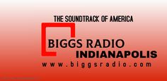 the biggs radio indianapolis logo on an orange and red background with black lettering that reads,