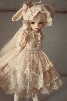 the doll is wearing a dress and bonnet