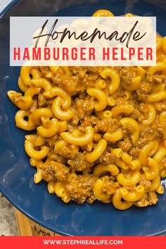 homemade hamburger helper recipe on a blue plate