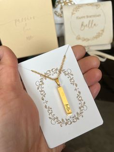 This is a lovely bar necklace/necklace that you can personalize with your wish. Add name, date, coordinate, and initials with symbols, making it a unique gift to keep your memories with you. The colour options for this minimal, beautiful and classic necklace are gold silver and rose gold. How to order? Make it unique with your wishes with the personalization box. Chose colour, font, alignment and add your text for engraving. You are ready to add it to the cart and proceed to checkout. Production: 1-2 business day Bar necklace weight: 8.0g, Bar pendant size: 40mm x 10mm, Chain length: 560mm Vertical bar necklace weight: 10.0g, Bar pendant size: 29mm x 5mm, Thickness: 5mm, Chain length: 450mm. Color: gold, silver, rose gold Made of high-quality 304 stainless steel electroplating, better text Minimalist Personalized Charm Necklaces For Birthday Gift, Minimalist Personalized Charm Necklace For Birthday, Personalized Square Pendant Charm Necklace As Gift, Minimalist Rectangular Name Necklace For Gifts, Minimalist Rectangular Name Necklace As Gift, Custom Name Rectangular Jewelry For Birthday Gift, Custom Name Rectangular Jewelry For Birthday, Custom Name Rectangular Necklace For Gift, Minimalist Nameplate Necklace For Anniversary