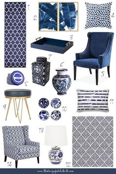 blue and white living room mood board