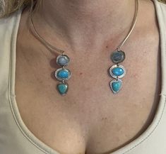 This choker is made with all sterling silver metal. The necklace is 5 1/2" wide with a 2 1/2" opening.  The opal stone measures 10mm x 8mm. The middle turquoise stone measures 14mm x 9mm.  The bottom turquoise stone measures 9mm x 10mm.  The stone hang 2" from the bottom of the choker.  To wear the choker, carefully pull the opening apart and slip around the neck.  The choker can be tightened by carefully squeezing the sides for a better fit.  Caring for Sterling Silver Jewelry: Air exposure can Western Fashion Jewelry, Haute Bohemian, Bohemian Bridal, Wire Necklace, Jewelry Lookbook, Silver Work, Special Jewelry, Wrapped Jewelry, Opal Stone