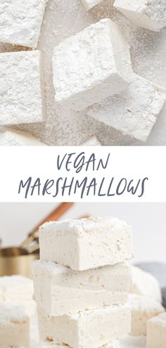 vegan marshmallows stacked on top of each other with text overlay