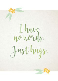 the words i have no words just hugs written in green and yellow flowers on a white background