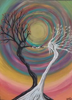 a painting of a tree with swirls in the background