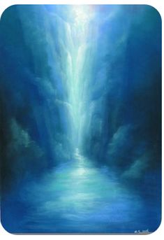 an abstract painting of a waterfall with light coming from it