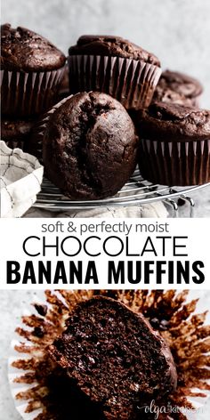 chocolate banana muffins on a plate with text overlay