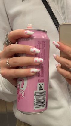 Simple Valentines Nails Acrylic, Pink And White Valentines Day Nails, White And Pink Heart Nails, White And Pink Valentine Nails, White Pink Nails Design, Nails Pink With Heart, Pink And White Valentines Nails, White Nails With Pink Designs, Valentines Nails White