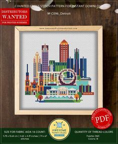 a cross stitch pattern with the city skyline in it's center and text that reads,