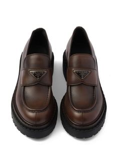 Find PRADA Leather Loafers on Editorialist. brown leather smooth grain enamel triangle logo silver-tone hardware moc stitching round toe chunky rubber sole slip-on style Loafers Brown, Chanel 2, Prada Leather, Iconic Bags, Triangle Logo, Summer Beach Wear, Flat Boots, Ballet Flat Shoes, Pump Sandals