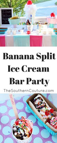 banana split ice cream bar party with pink and blue polka dot tablecloth