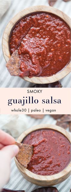 two images showing how to make guacamole salsa in a wooden bowl with a spoon