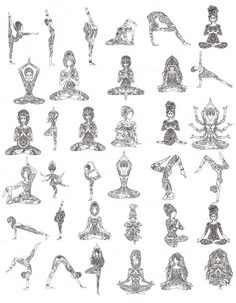 various yoga poses are shown in this black and white drawing set, with one woman sitting on the floor