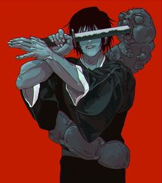 an anime character holding a knife over his head and looking at the camera while standing in front of a red background