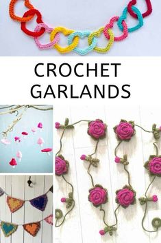 crochet garlands with flowers and hearts hanging from the side, in different colors