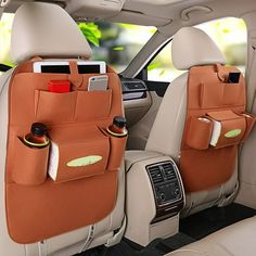 the interior of a car with two pockets on it