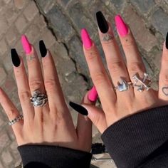 Different Colored Acrylic Nails, Nail Ideas For Valentines Day Pink, Black And Colored Nails, Pink Purple Black Nails, Valentines Nails With Black, Goth Coffin Acrylic Nails, Almond Acrylic Nails Designs Edgy, Dark Valentines Day Nails Short, Yungblud Inspired Nails