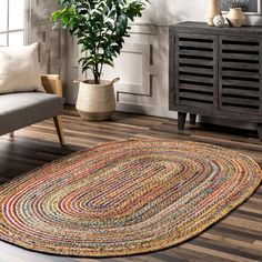 a living room area with a rug, chair and potted plant on the floor