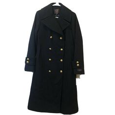 NWT Anne Klein Double Breasted Long Black Peacoat with Gold Buttons - Size: 6. 44inches Back to Bottom C13 Black Wool Coat With Double-breasted Buttons, Black Long Pea Coat With Double-breasted Button Fastening, Black Long Double-breasted Pea Coat, Fitted Black Wool Coat With Double Button Closure, Black Wool Coat With Double-breasted Buttons For Winter, Black Double-breasted Long Coat, Black Double-breasted Military Outerwear, Long Black Outerwear With Buttons, Black Long Outerwear With Button Closure