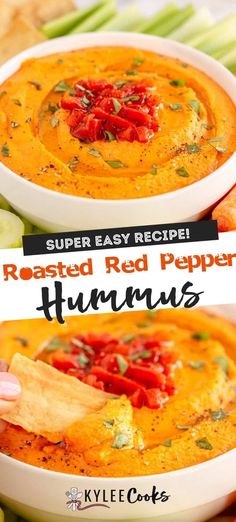 the recipe for roasted red pepper hummus is in a white bowl