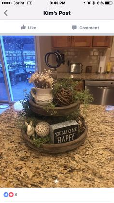 a kitchen counter top with some decorations on it