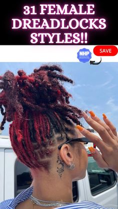 Black woman wearing red dreadlocks in updo ponytail hairstyle. Black Hair Locks, Short Locs Styles, Female Dreadlocks, Female Dreads Hairstyles, Black Women Dreadlocks, Dreads Black Women, Female Dreadlocks Styles, Locs Ideas