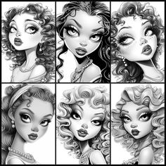 a series of black and white drawings of women with curly hair