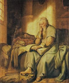 a painting of an old man sitting in a room