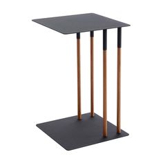 a black table with two wooden legs and a small square table top on the bottom