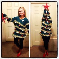 Christmas Sweaters Ideas, Creative Ugly Christmas Sweater, Christmas Costumes Diy, Homemade Ugly Christmas Sweater, Ugly Christmas Sweater Diy Funny, Ugly Christmas Sweater Diy, Christmas Sweater Diy, Christmas Sweater Outfit, Ugly Christmas Sweater Outfit