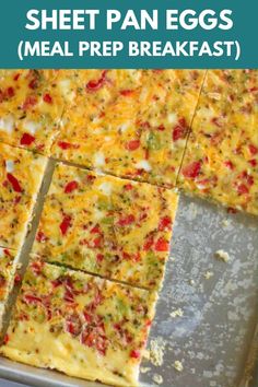 sheet pan eggs meal prepped and ready to be eaten with text overlay that reads sheet pan eggs meal prepped and ready to be cooked