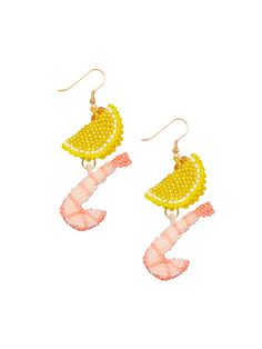 two pairs of yellow and pink beaded earrings with an orange slice hanging from them