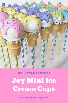 ice cream cupcakes with colorful sprinkles on them and the title overlay reads, my little scrappy joy mini ice cream cups