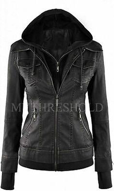 Black Leather Motorcycle Jacket Women, Hooded Leather Jacket For Outdoor Fall, Hooded Leather Jacket With Zipper For Fall, Winter Fitted Biker Jacket With Double-lined Hood, Black Hooded Jacket With Zip Fly For Winter, Black Winter Hooded Jacket With Zip Fly, Hooded Leather Outerwear For Spring, Fitted Biker Jacket With Double-lined Hood For Fall, Spring Biker Leather Jacket With Hood