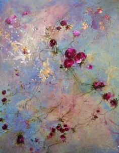 an abstract painting with pink flowers on blue and purple background by artist jane grisell